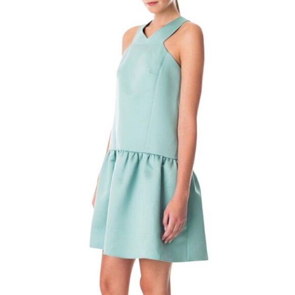 Tibi, Turquoise Satin Drop Waist Sleeveless Racerback Dress w/ Pockets Women’s 2 - Picture 3 of 10